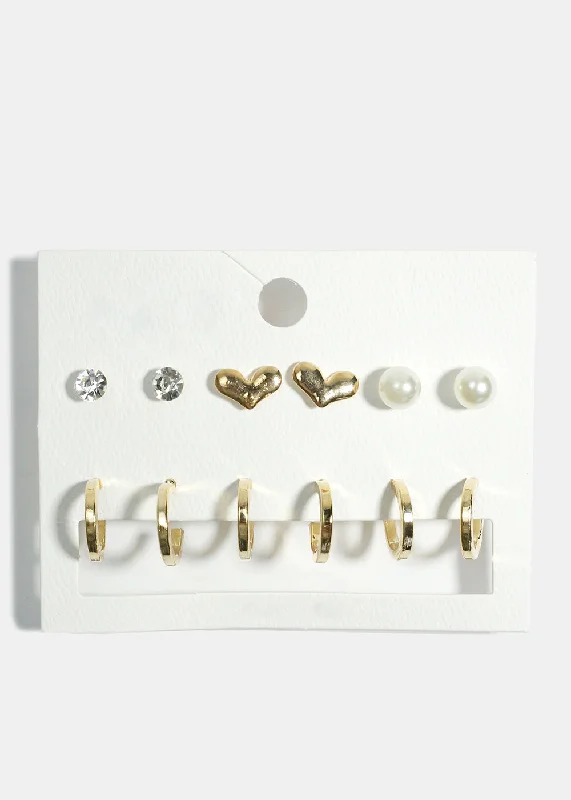 Pearl Drop Earrings-6-Pair Hoop & Stud Earrings Set