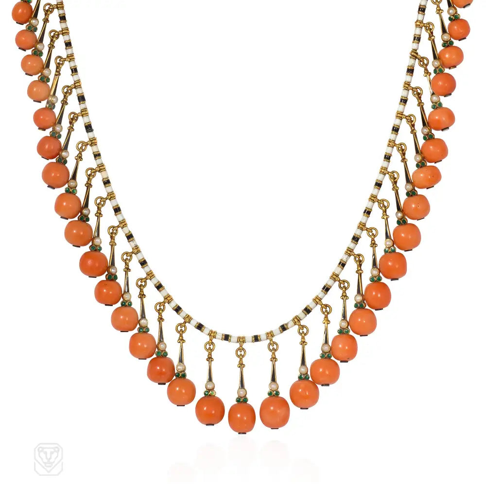 Multi-Layer Chain Necklace-Antique Giuliano coral and pearl fringe necklace with cross pendant en suite