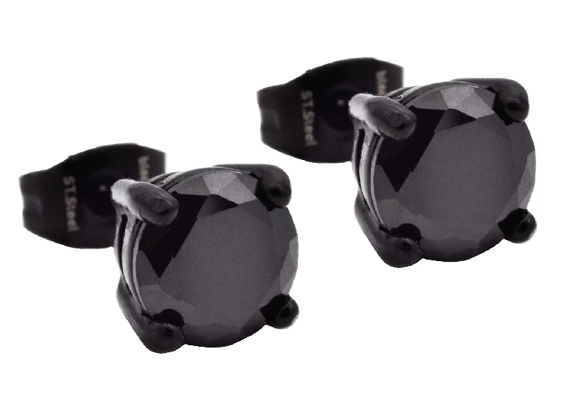 Opal Earrings for Brides-Mens 7mm Black Plated Stainless Steel Stud Earrings With Black Cubic Zirconia