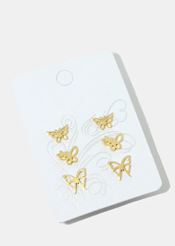 Oversized Hoop Earrings-3-Pair Butterfly Stud Earrings