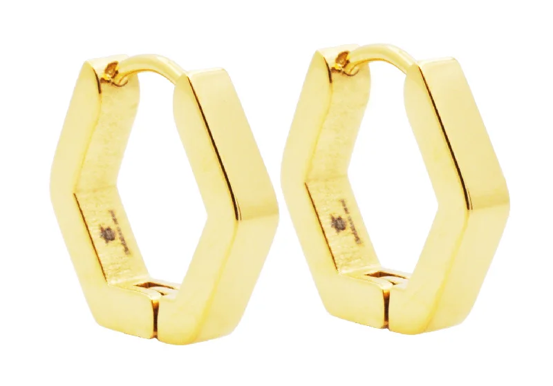 Simple Crystal Earrings-Men's Gold Stainless Steel Hexagon Hoop Earrings