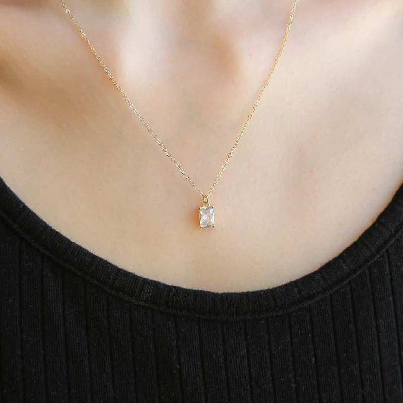 Classic Pearl Pendant Necklace-ENVY | Clear 18K Gold Plated Sterling Silver Necklace With French Small Square Diamond Pendant