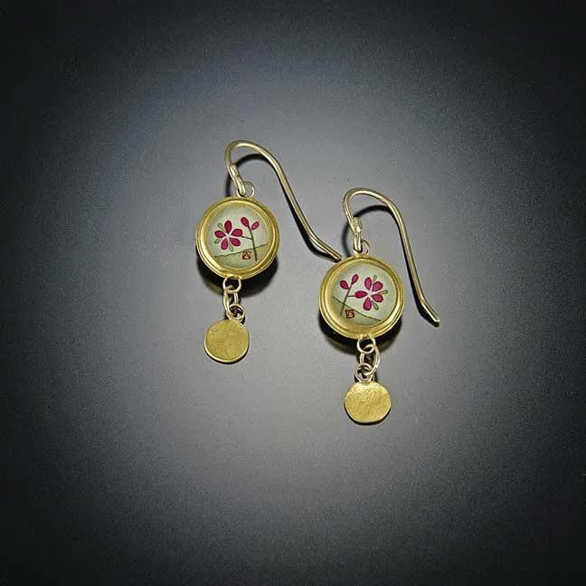 Bold Drop Earrings-Tiny Gold Plum Blossom Disk Earrings