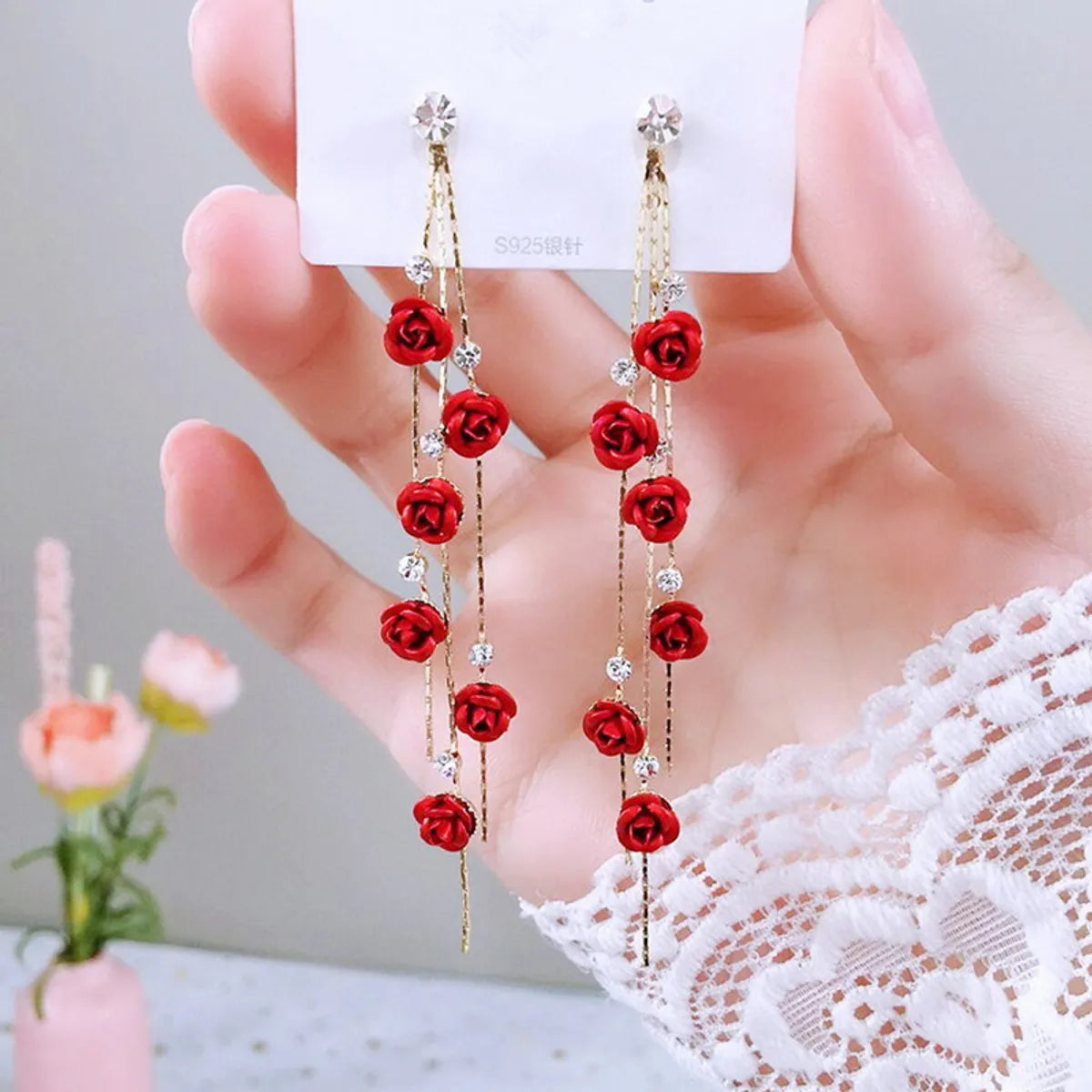 1 Pair Vintage Style Flower Tassel Plating Inlay Alloy Rhinestones Drop Earrings