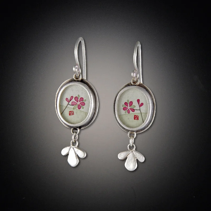 Lightweight Earrings for Summer-Tiny Oval Plum Blossom Earrings with Leaf Trios