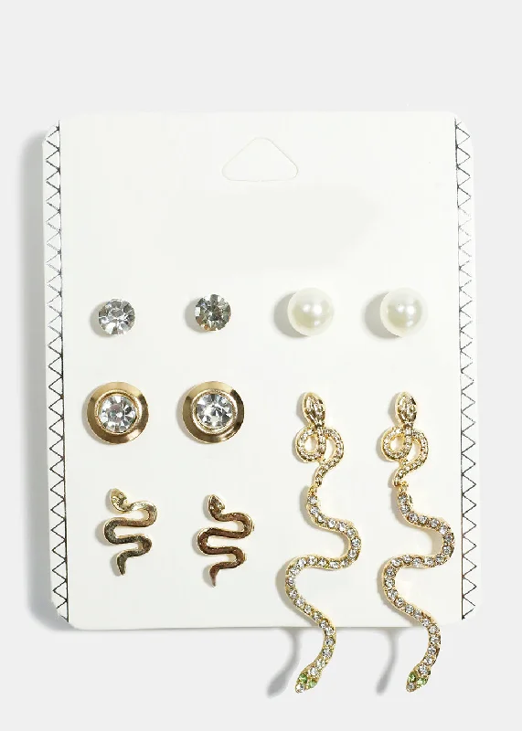 Gold Hoop Earrings-6-Pair Rhinestone & Snake Stud Earrings