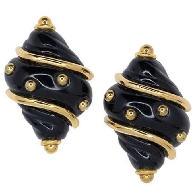 Black Gold Earrings-Black dot shell