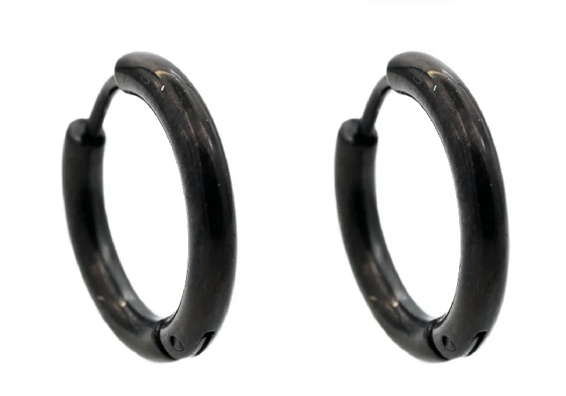 Chic Gemstone Earrings-Mens 17mm Black Plated Stainless Steel Hoop Earrings