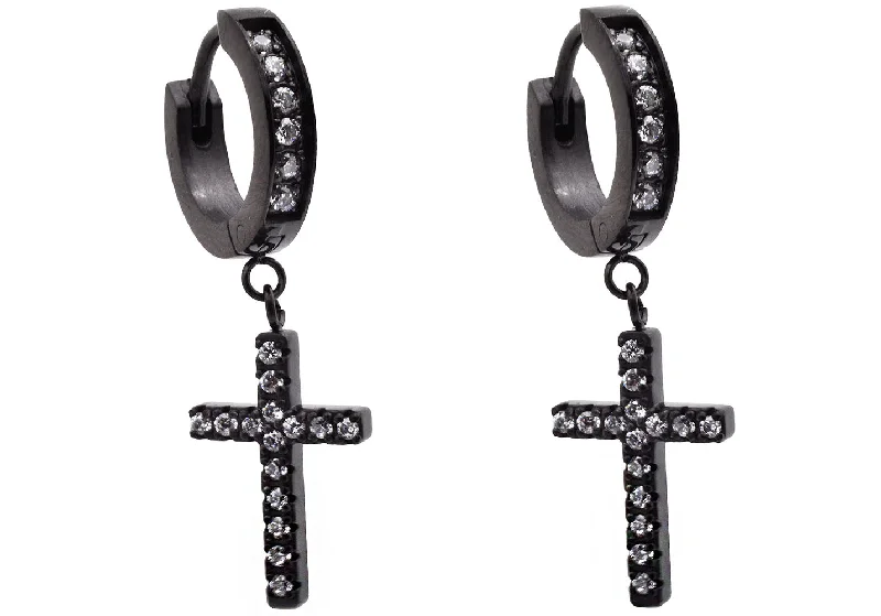 Shiny Stud Earrings-Mens Black Plated Stainless Steel Hoop Cross Earrings With Cubic Zirconia