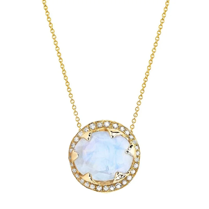 Natural Stone Pendant Necklace-Queen Oval Moonstone Necklace with Full Pavé Diamond Halo