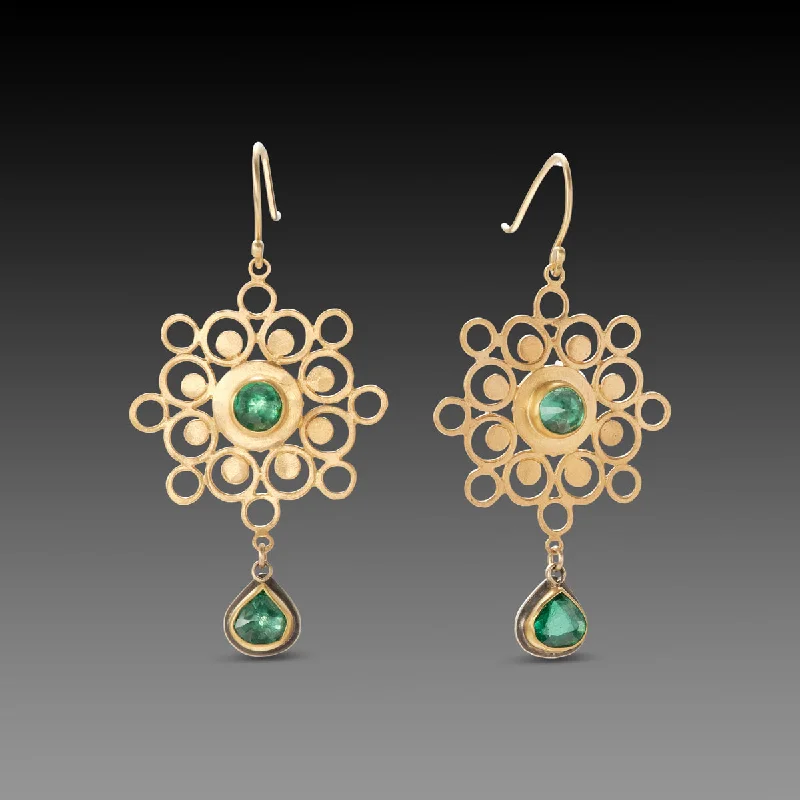 Gold and Diamond Earrings-Mandala Earrings with Emeralds