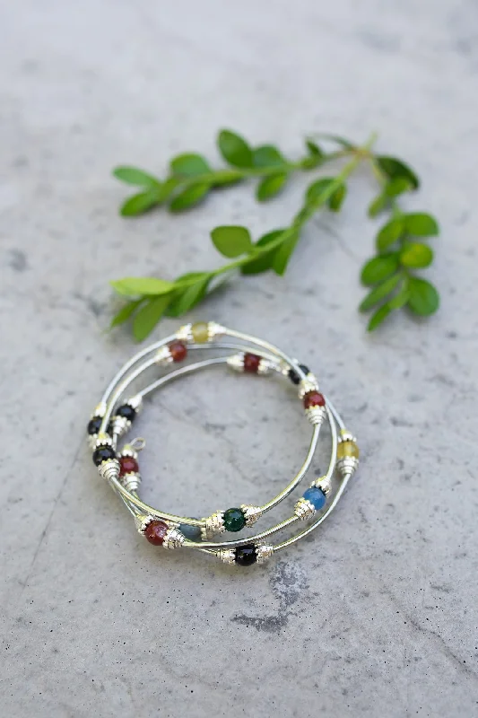 Customizable Silver Charm Bracelet-Multi Color Bead Wire Bracelet