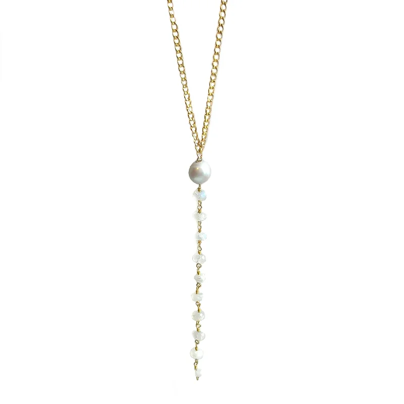 Long Gold Necklace-Grey Pearl + Moonstone 'Y' Necklace