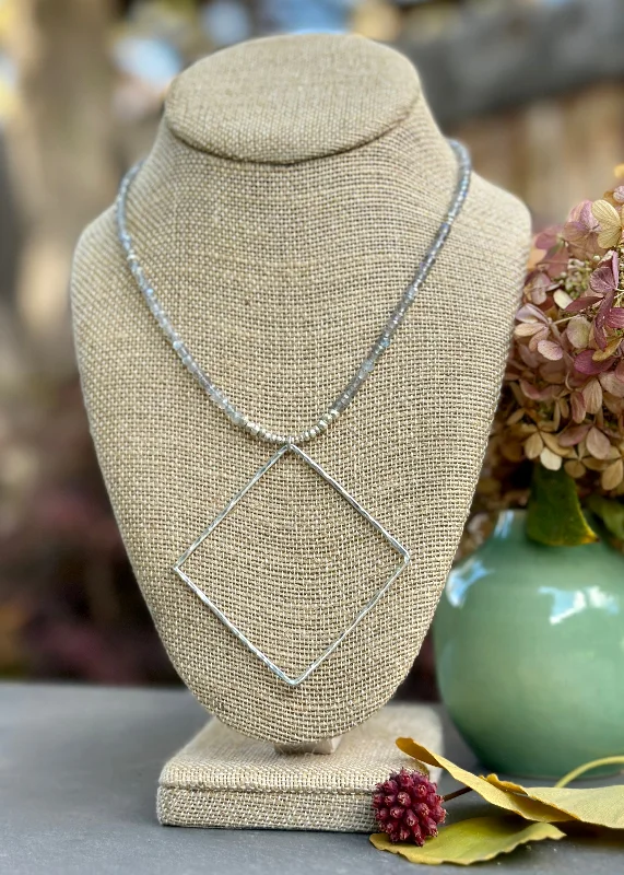 Silver Pendant Necklace-Labradorite Square Necklace