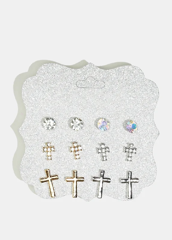 Beautiful Crystal Earrings-6-Pair Gemstone & Cross Stud Earrings