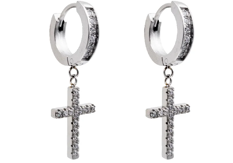 Simple Hoop Earrings-Mens Stainless Steel Hoop Cross Earrings With Cubic Zirconia