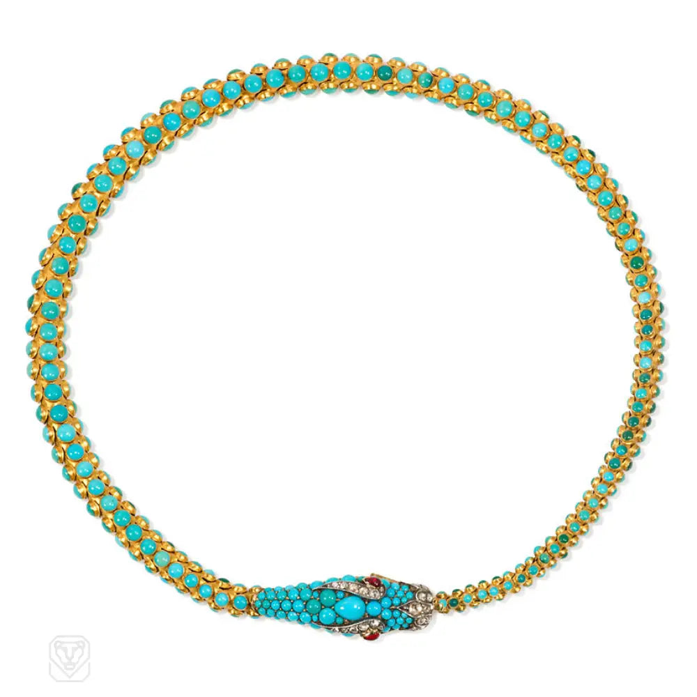 Elegant Bar Necklace-Antique gold and turquoise snake necklace