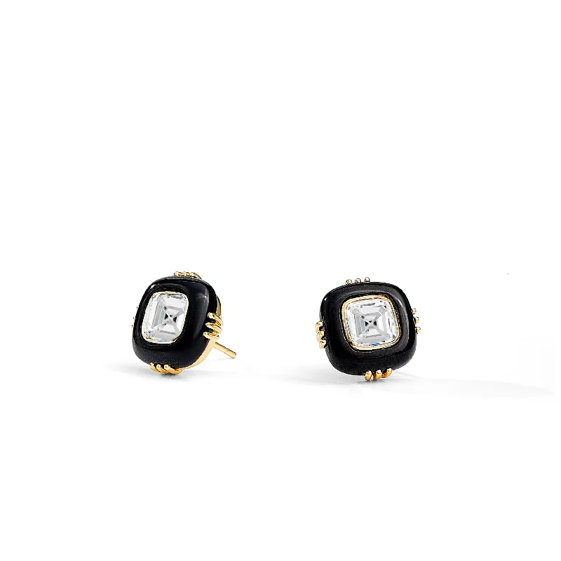 Silver Earrings with Diamonds-Black Onyx Studs