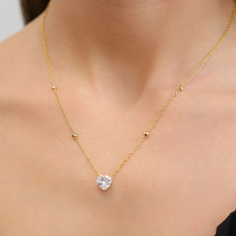 Layered Gemstone Necklace-ESME - Gold Dainty Chain Necklace with CZ Heart pendant and CZ chain link