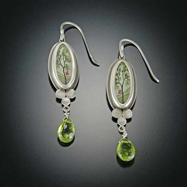 Fancy Earrings for Weddings-Spring Maple Earrings with Peridot Drop