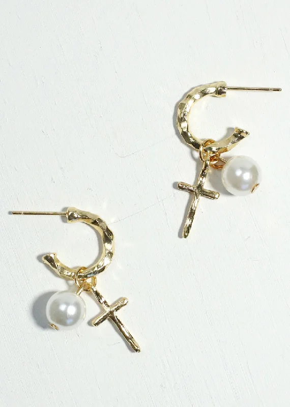 Fancy Diamond Earrings-Pearl & Cross Dangle Earrings