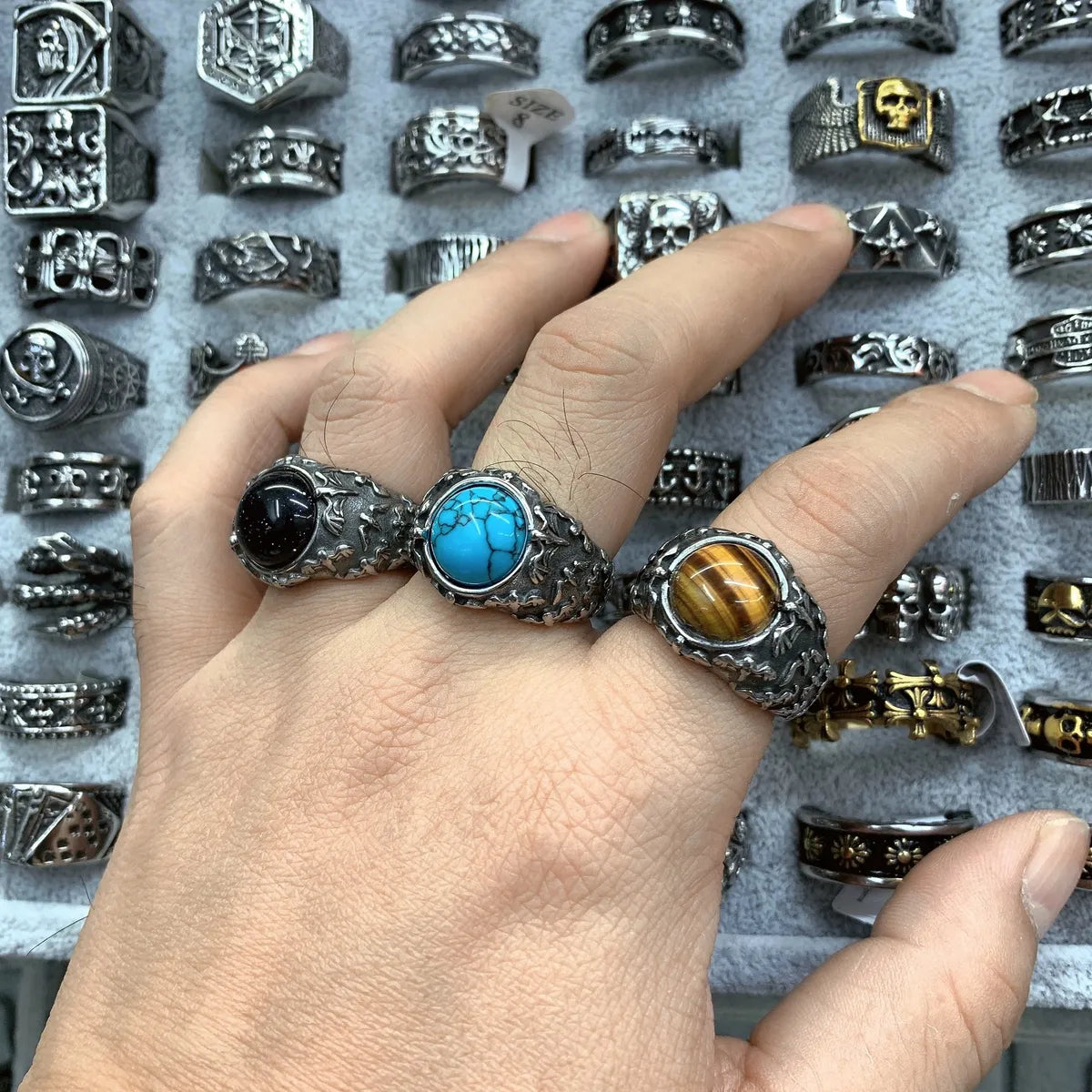 Custom Sterling Silver Ring-Punk Geometric Bat Titanium Steel Polishing Inlay Turquoise Tiger Eye Men'S Rings