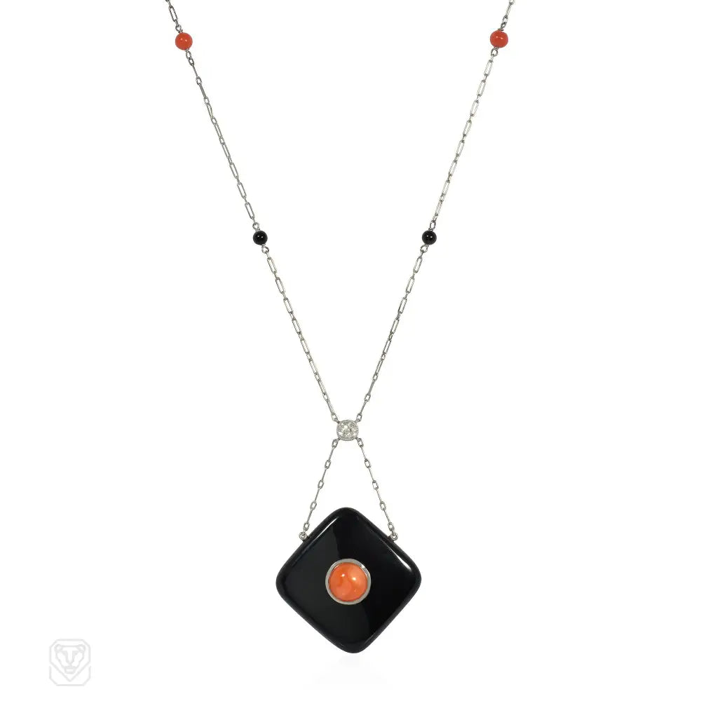 Star Shaped Necklace-Art Deco onyx, coral, and diamond pendant necklace