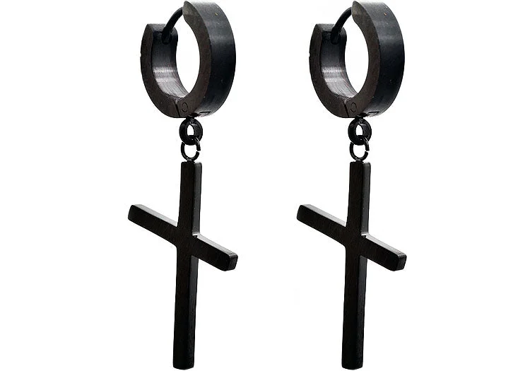 Clear Crystal Earrings-Mens Black Stainless Steel Hoop Cross Earrings