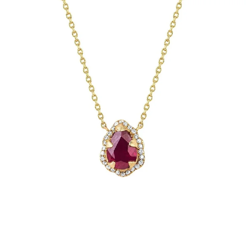 Statement Gemstone Necklace-Micro Queen Water Drop Natural Ruby Necklace with Full Pavé Diamond Halo