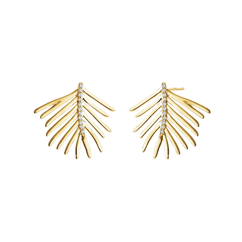 Clear Crystal Earrings-Gold Palm Leaf Earrings